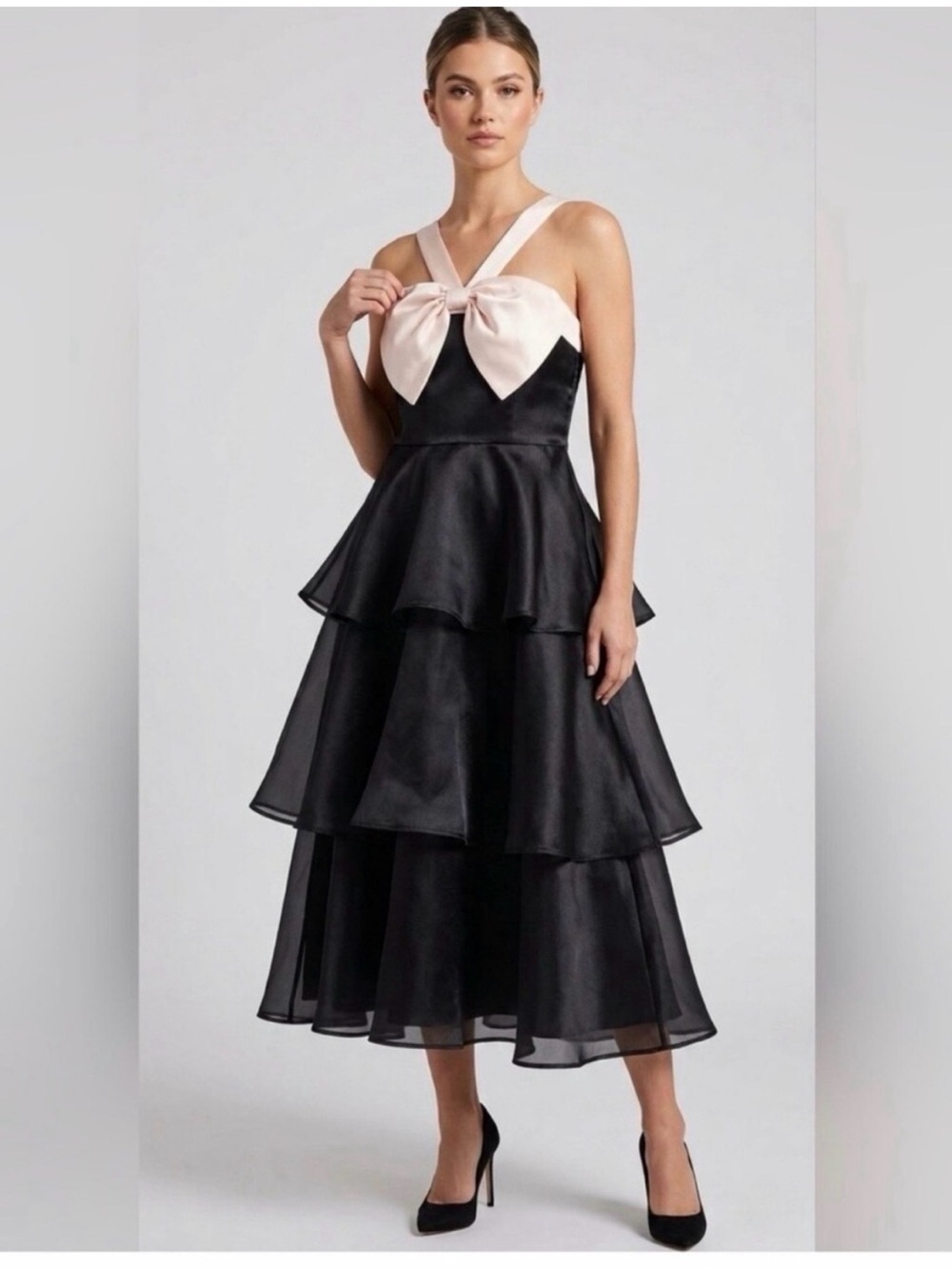 New Lulus Black & Blush Tiered Midi Dress with Bow Size XS